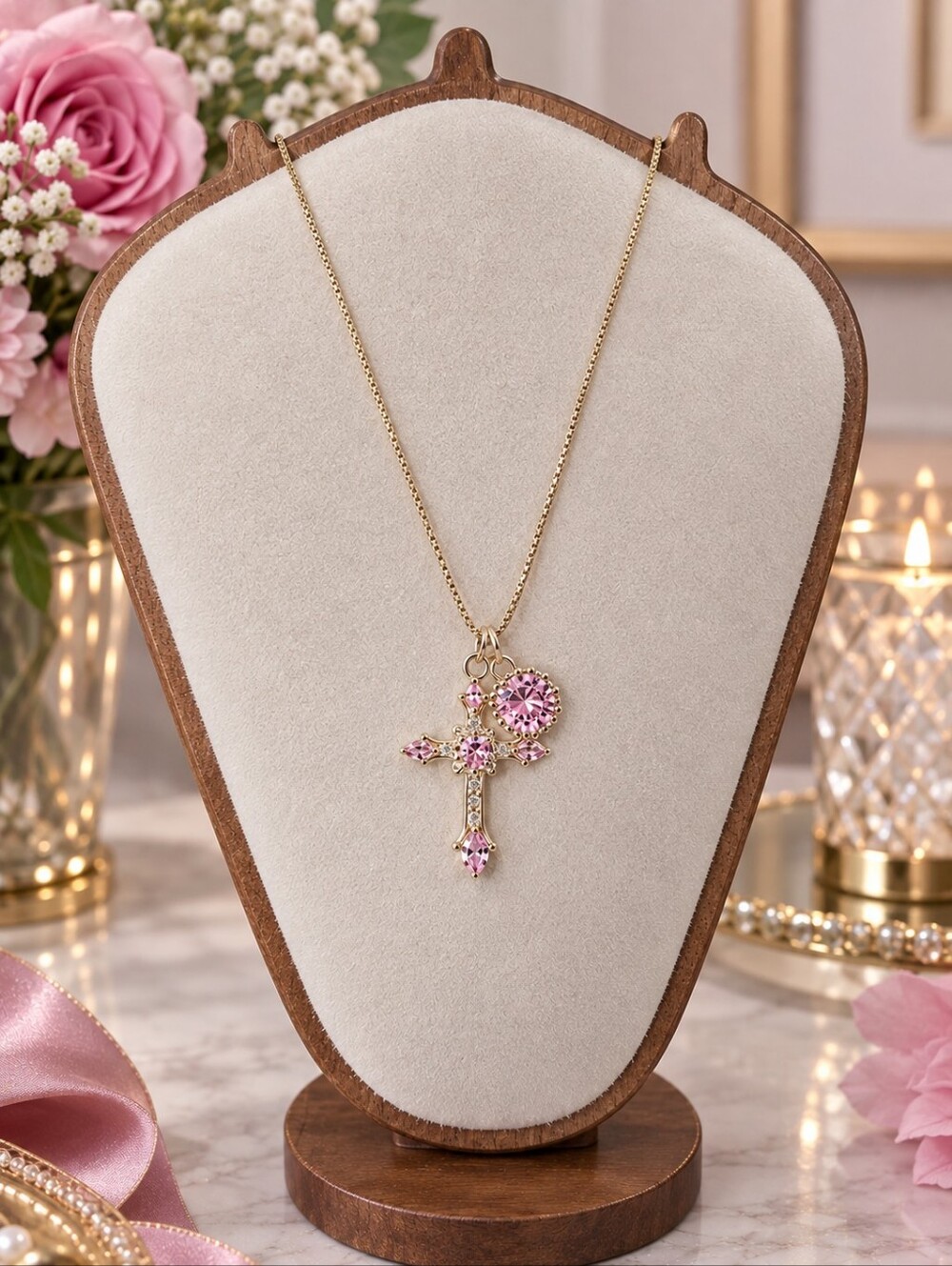 Sassified Boutique Nwt Gold-Tone Pink Crystal Cross Pendant Necklace